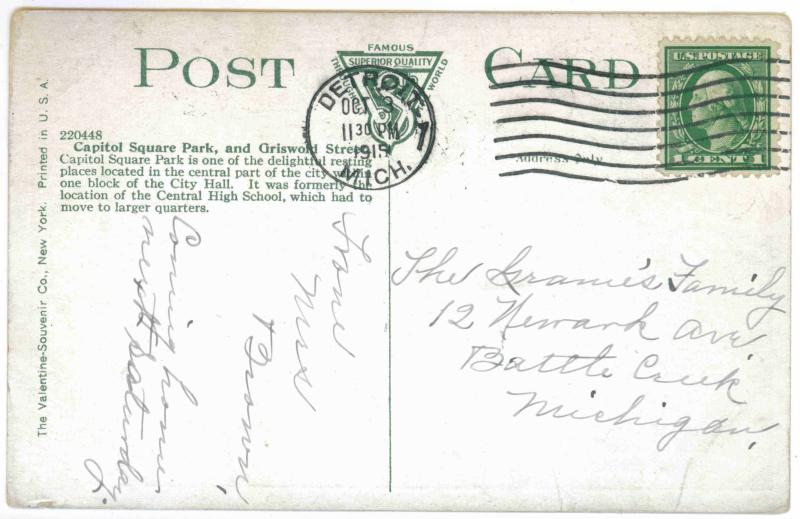 Detroit to Battle Creek, Michigan used 1915 Postcard, Griswold Street