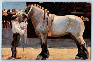 c1910's Man With Belgian Draught Horse Painting Animals Posted Antique Postcard