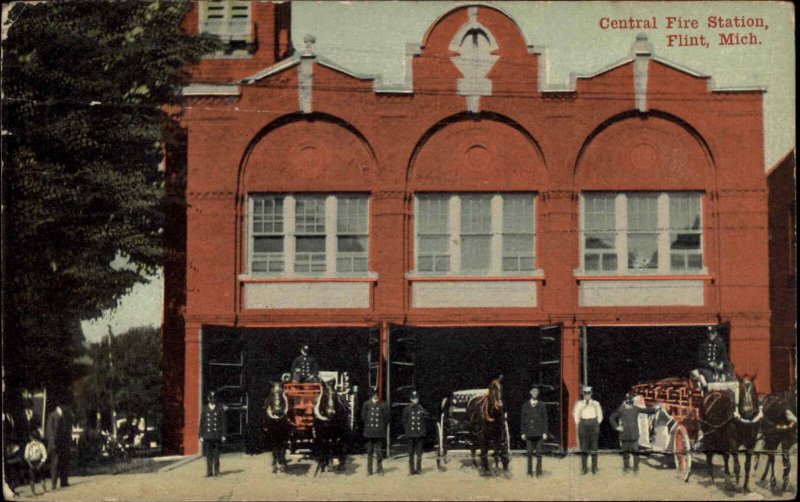 Flint Michigan MI Central Fire Station c1910 Vintage Postcard