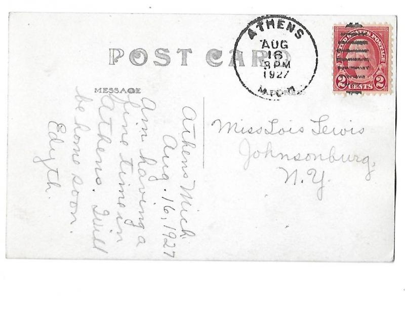 RPPC Reform Church #43 Athens Michigan Mailed 1927 Two Cent Stamp