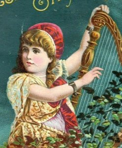 1880's-90's Estey Organ Lovely Young Girl Playing Harp P173