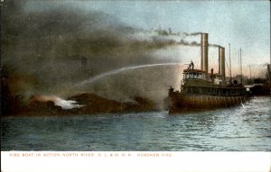 Hoboken New Jersey NJ Fire Fighting Boat DL&W RR 1900s-20s Vintage Postcard