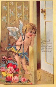 CUPID AT DOOR LISTENING FOR ECHO OF LOVE VALENTINE HOLDIAY POSTCARD (c. 1910)