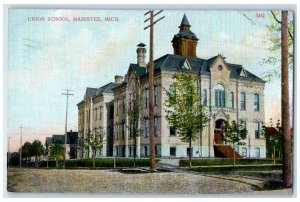 1909 Union School Campus Building Dirt Road Stairs Manistee Michigan MI Postcard