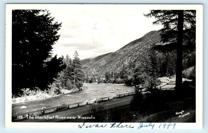 RPPC MISSOULA, MT Montana ~ BLACKFOOT RIVER & Highway 1949 Hough Postcard 