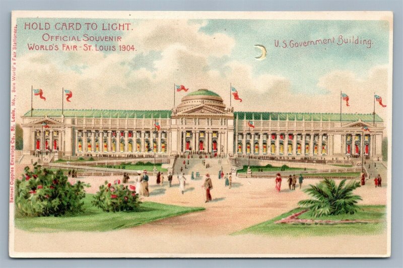 HOLD TO LIGHT 1904 WORLD'S FAIR ST.LOUIS MO ANTIQUE POSTCARD HTL GOV'T BLDG