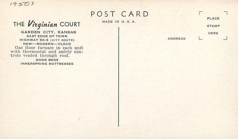 Autos 1950s Virginian Court roadside Garden City Kansas postcard 8584