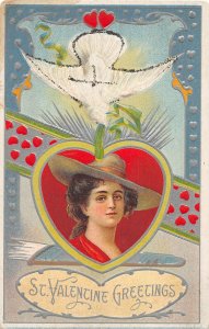 H53/ Valentine's Day Love Holiday Postcard c1910 Dove Glitter Woman Hearts 47