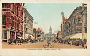 OAKLAND CA~WASHINGTON STREET-STOREFRONTS-SIGNS-BICYCLES-HORSES~1900s POSTCARD