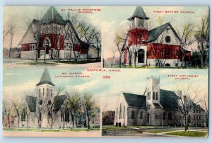 Emporia Kansas Postcard Four Churches Buildings Multiview 1912 Vintage Antique