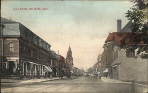 Melrose MA Main Street Trolley Street Scene c1910 Vintage Postcard