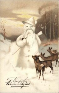 Ein Frohes Weihnacthsfest Christmas Deer Father Christmas Snowman c1910 PC
