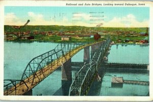 Railroad and Auto Bridges Dubuque Iowa Postcard 1941