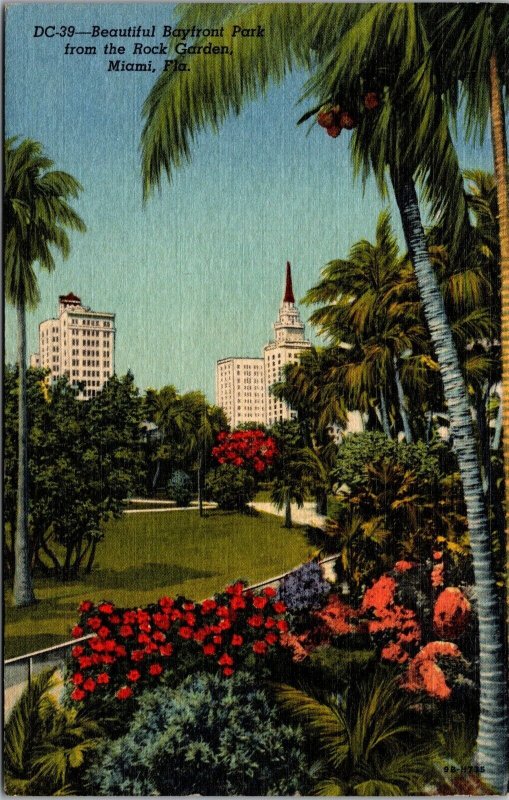 Vtg Miami Florida FL Bayfront Park from Rock Garden 1950s Linen View Postcard