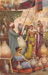 Market Bazaar Urn Seller Women Middle East A Fabbi Artist Signed 1943 postcard