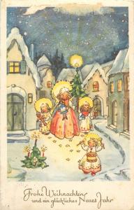 Christmas tree New Year greetings postcard children toys teddy bear drumm 1960s
