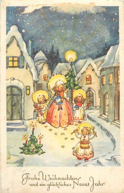 Christmas tree New Year greetings postcard children toys teddy bear drumm 1960s