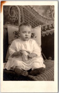 Infant Photograph White Dress Sits on Chair  Baby Child Christening Postcard