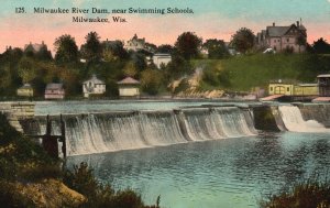 Vintage Postcard 1910's River Dam near Swimming Schools Milwaukee Wisconsin