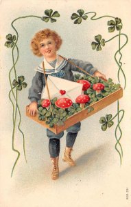 Greetings Child W/ Letter, Mushrooms & Clovers, Embossed, Vintage PC U13524