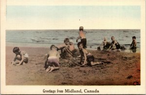 Postcard ON Greetings from Midland Children Playing in Sand on Beach 1940s K60