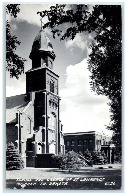 1950 School And Church Of St. Lawrence Milbank South Dakota RPPC Photo Postcard