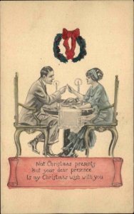 Christmas Romance Handsome Man Pretty Woman Wishbone Vintage Postcard