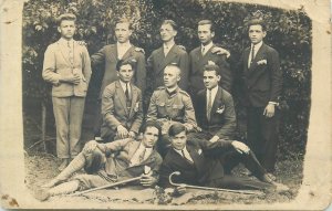 Social History Postcard elegant young men outdoor group photo