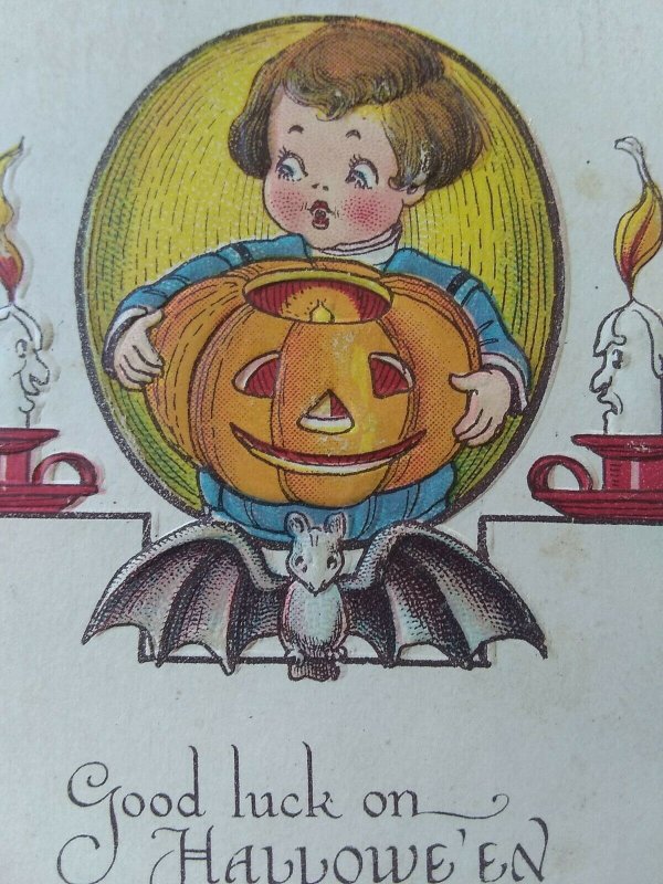 Vintage Halloween. E. Von. H. Jack-o'-lantern, cat, bat. PMK 1922 (D1)