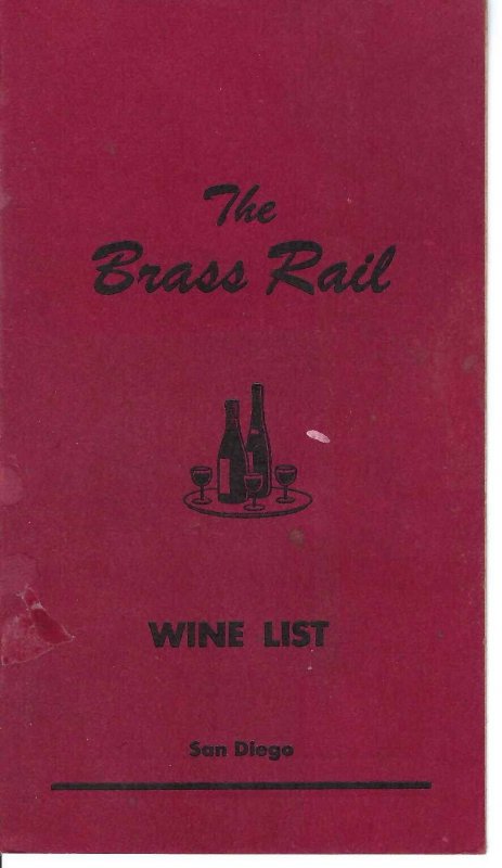 MK-041 CA, San Diego, The Brass Rail Restaurant Wine List, October 1951 Menu