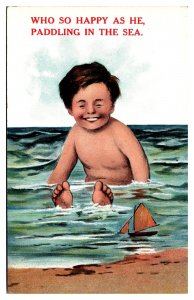 Anitique Who So Happy As He, Paddling In The Sea, Swimming Child, Postcard