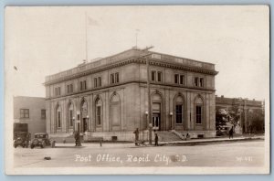 Rapid City SD Postcard RPPC Photo Post Office Building Cars Street View 1930