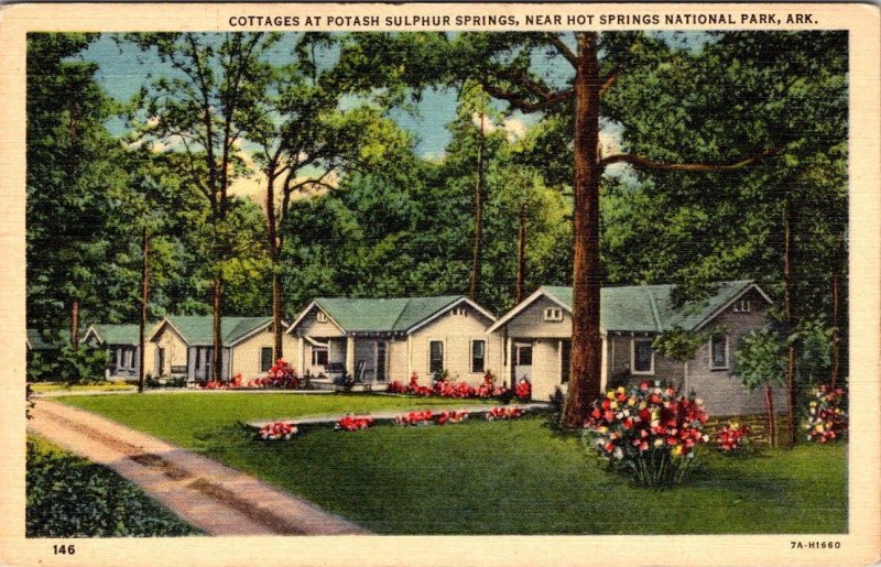 2~Postcards AR, Hot Springs National Park POTASH SULPHUR SPRINGS Cottages & Lake