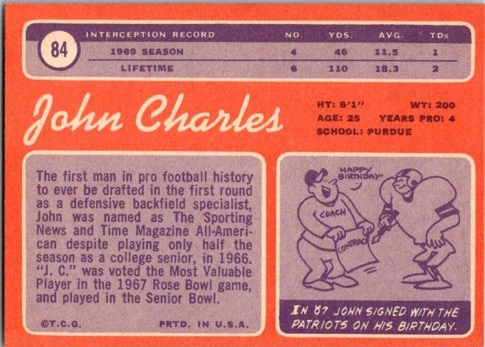 1970 Topps Football Card John Charles New England Patriots sk21487