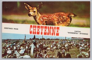 Animal~Cowboys & Fawn @ Cheyenne Wyoming~Vintage Postcard