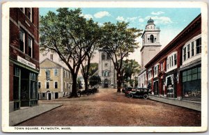 Town Square Plymouth Massachusetts MA Street View Buildings Cars Horse Postcard