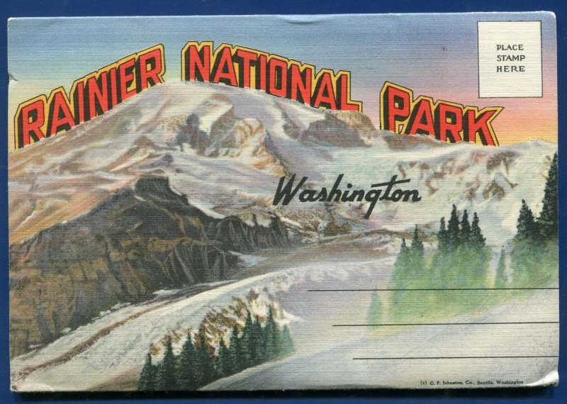 Rainier National Park Washington Lake Spanaway Nisqually Glacier postcard folder