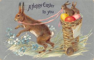 Easter Greetings Humanized Rabbits Cart Eggs 1909 embossed postcard  B927