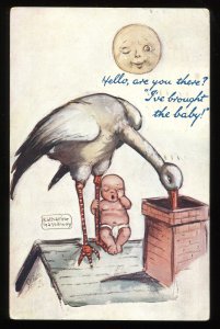 Stork on roof with baby. Katharine Gassaway postcard. Tuck Oilette. 1907 cancel