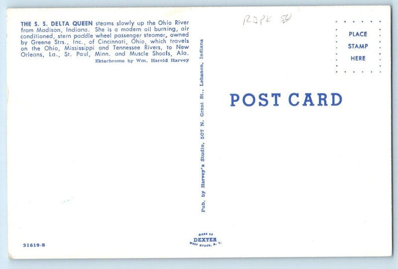 c1960 Madison Indiana Postcard Steamer Ship Delta Queen Ohio River Stern Paddle