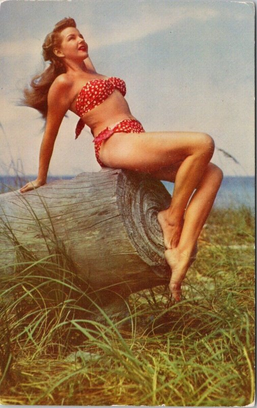 Young Pretty Woman Bikini Posing Beach Wood Risque Pinup Vintage Postcard F79