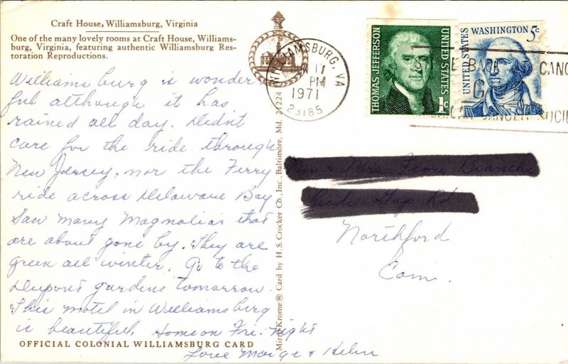 Craft House Williamsburg Virginia Va Wob Note Pm 1971 Cancel Postcard