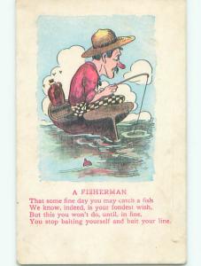 Pre-Linen comic fishing FISHERMAN ON SMALL BOAT k3596