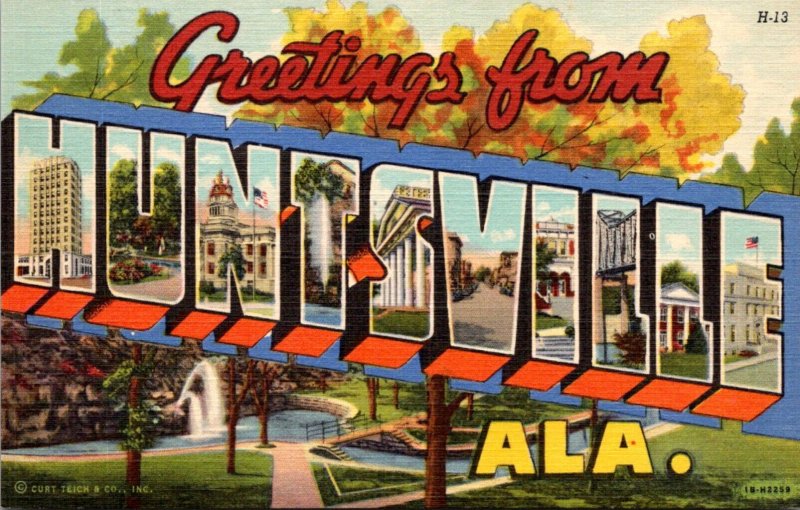 Alabama Greetings From Huntsville Large Letter Linen Curteich