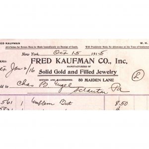 1915 NEW YORK CITY FRED KAUFMAN CO SOLID GOLD AND FILLED JEWELRY INVOICE Z117