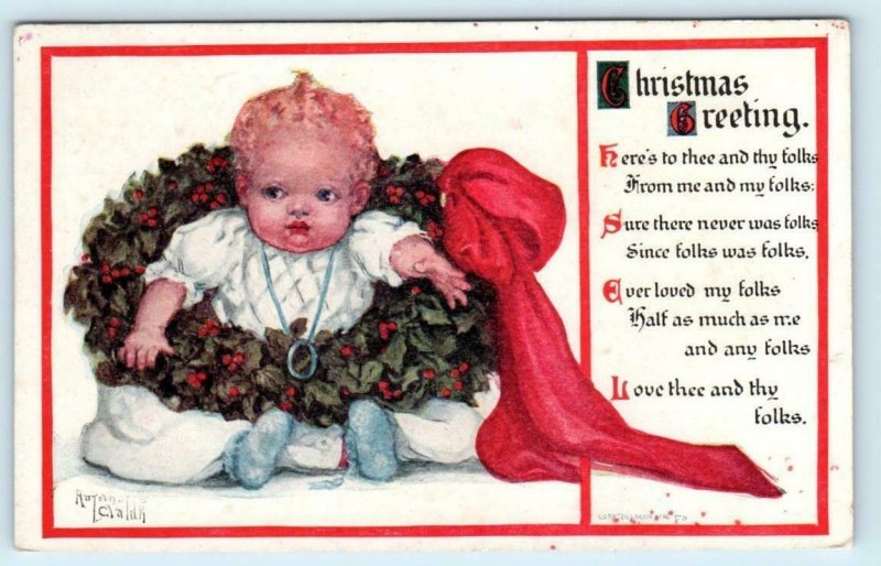 ANTOINETTE CLARK Artist Signed CHRISTMAS GREETING Child, Wreath c1910s  Postcard