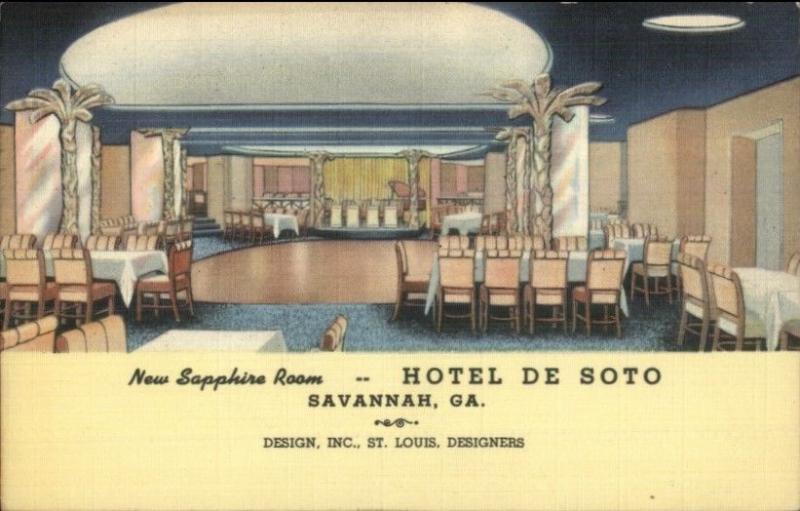Savannah GA Hotel De Soto Sapphire Room ART DECO Linen Postcard
