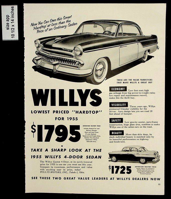 1955 Willy's Hardtop Sedan Car Vintage Print AD 8190