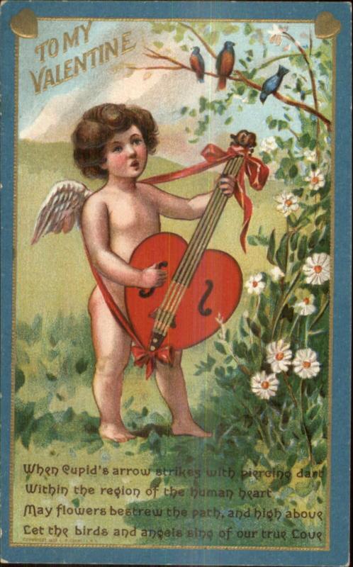 Valentine c1910 Postcard - Cupid Playing Heart Guitar