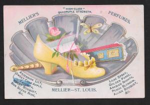 VICTORIAN TRADE CARD Melliers Perfumes Yellow High Heel & Fan in Shell Dish